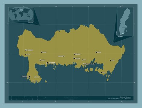 Blekinge, Sweden. Solid. Labelled points of cities