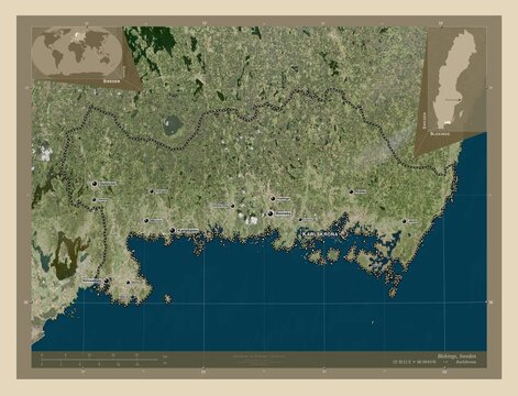 Blekinge, Sweden. High-res satellite. Labelled points of cities