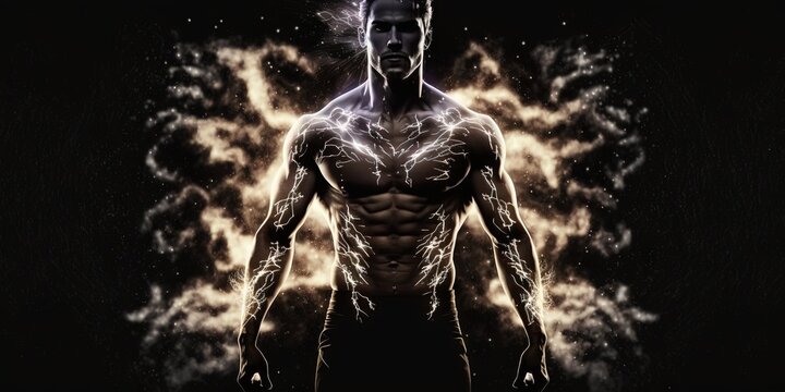 A silhouette of a man's body illuminated by flashes of lightning is visible with an inner energy, Generative AI