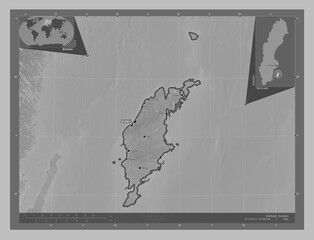 Gotland, Sweden. Grayscale. Labelled points of cities