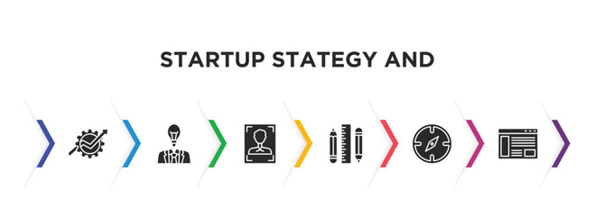 startup stategy and filled icons with infographic template. glyph icons such as grow, startup head, humanpictos, stationery, exploration, web de vector.