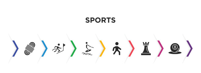 sports filled icons with infographic template. glyph icons such as climbing with rope, winning the race, water ski, pedestrian walking, tower from a chess, pool ball vector.