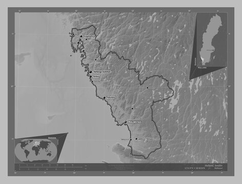 Halland, Sweden. Grayscale. Labelled points of cities