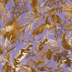 Tropical seamless pattern with exotic leaves.  Floral wallpaper painted in watercolor in green colors - 574994815
