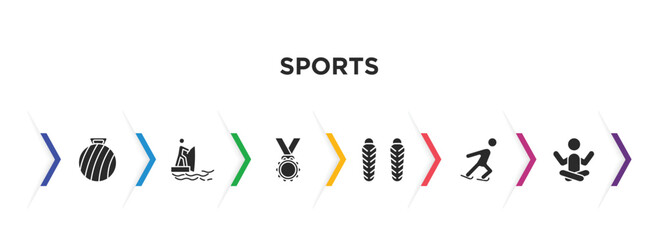 sports filled icons with infographic template. glyph icons such as exercise ball, fisher fishing, golden medal, shin guards, ice skating, yoga posture vector.