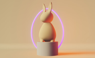 Happy Easter greeting card matte pastel bunny on podium purple neon egg 3d rendering. Contemporary creative minimalist style. Modern party invitation design Social media neutral beige content template