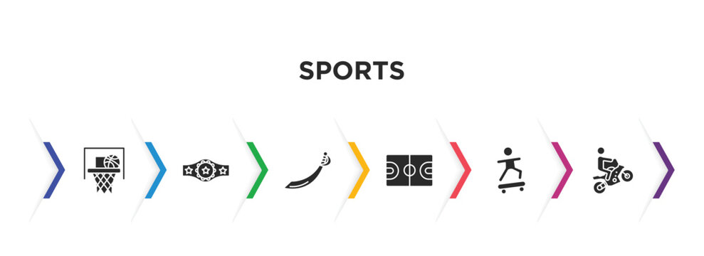 sports filled icons with infographic template. glyph icons such as basketball basket, champion belt, saber, basketball court, boy with skatingboard, motocross vector.
