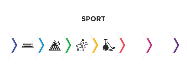 sport filled icons with infographic template. glyph icons such as tennis court, snooker, polo sport, diving sport, cycling, tumbling vector.