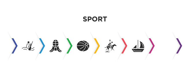 sport filled icons with infographic template. glyph icons such as aerobics, canoe sport, kendo, handball, horseball, sailboat sport vector.