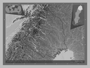 Norrbotten, Sweden. Grayscale. Labelled points of cities