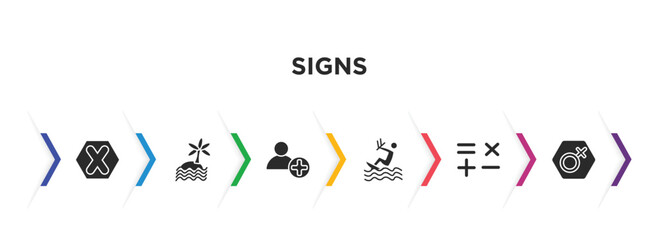 signs filled icons with infographic template. glyph icons such as gross dark cross, beach, up, kitesurf, mathematical, female vector.
