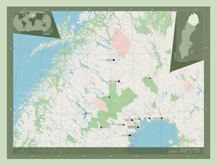 Norrbotten, Sweden. OSM. Labelled points of cities