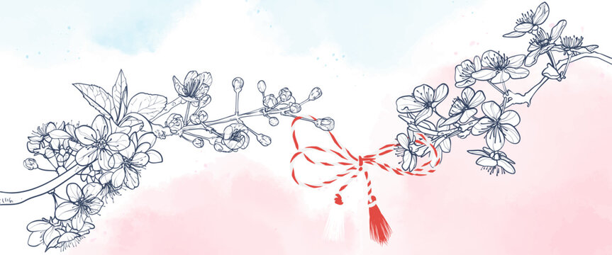 Lineart vector cherry blossoms branch with red and white Martisor string on pastel watercolor background
