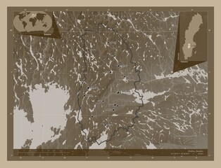 Orebro, Sweden. Sepia. Labelled points of cities