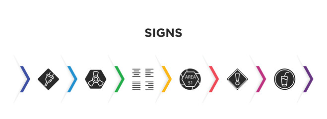 signs filled icons with infographic template. glyph icons such as plug, toxic, alignment, area 51, exclamation, drink vector.