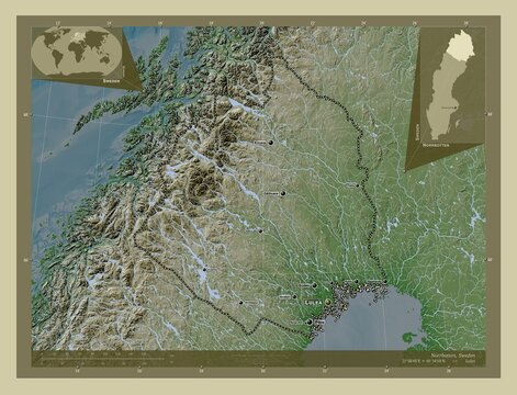 Norrbotten, Sweden. Labelled points of cities
