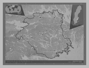 Sodermanland, Sweden. Grayscale. Labelled points of cities