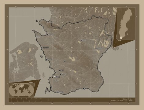 Skane, Sweden. Sepia. Labelled points of cities