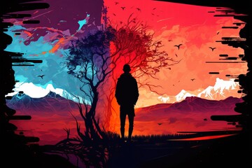 Man silhouette, sad man silhouette illustration, alone and depressed, colourful background, Generative AI
