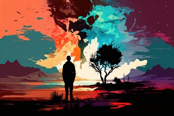 Man silhouette, sad man silhouette illustration, alone and depressed, colourful background, Generative AI