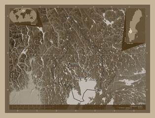 Varmland, Sweden. Sepia. Labelled points of cities