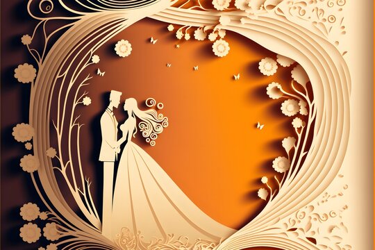 Wedding invitation card design template in white and orange color