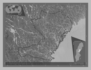 Vasternorrland, Sweden. Grayscale. Labelled points of cities