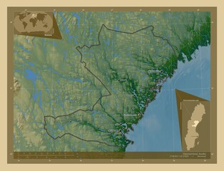 Vasternorrland, Sweden. Physical. Labelled points of cities