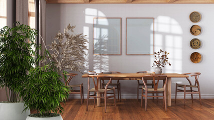 Zen interior with potted bamboo plant, natural interior design concept, farmhouse dining room with frame mockup, chairs and table. Boho architecture