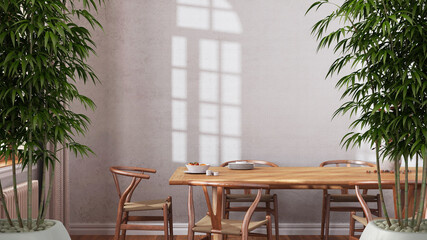 Zen interior with potted bamboo plant, natural interior design concept, farmhouse dining room with wooden table and decors. Boho architecture