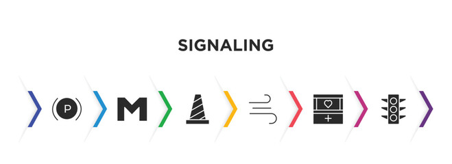 signaling filled icons with infographic template. glyph icons such as parking brake, m, traffic cones, on air, organ container, street vector.