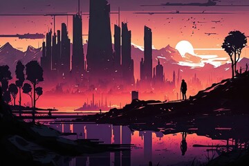 colorful city capital landscape view , sillhoute style landscape design illustration. Creative art background. Generative AI