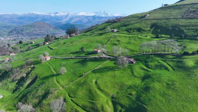 Countryside landscape in winter near Selaya and Las Rozadas. Aerial view from a drone in the Valles Pasiegos in the Autonomous Community of Cantabria, Spain, Europe