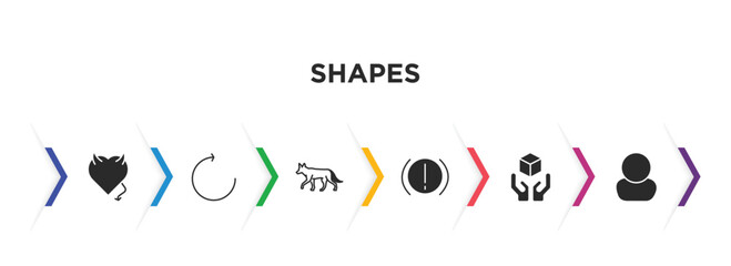 shapes filled icons with infographic template. glyph icons such as devil heart with wings, rotate circle, jackal, brake system warning, handle with care, character vector.