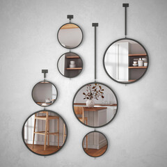 Round mirrors hanging on the wall reflecting interior design scene, scandinavian kitchen in farmhouse style, island with stools, modern architecture idea