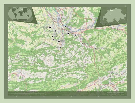 Basel-Landschaft, Switzerland. OSM. Labelled points of cities