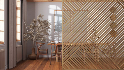 Obraz premium Wooden panel close-up, farmhouse wooden dining room in boho style. Dining table with chairs. Contemporary interior design concept idea