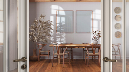 Classic white glass door opening on farmhouse wooden dining room in boho style. Table with chairs, frame mockup, welcome home concept, interior design idea