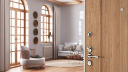 Wooden entrance door opening on farmhouse wooden living room in boho style. White fabric sofa and rattan furniture, interior design concept idea