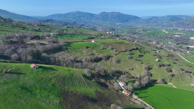 Countryside landscape in winter near Selaya and Las Rozadas. Aerial view from a drone in the Valles Pasiegos in the Autonomous Community of Cantabria, Spain, Europe