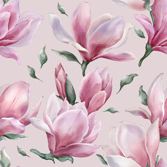 Seamless floral pattern with magnolia hand-drawn painted in a watercolor style. The seamless pattern can be used on a variety of surfaces, wallpaper, textiles or packaging.