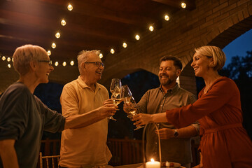 Happy couple and their senior parents toasting with wine while gathering for dinner on patio.