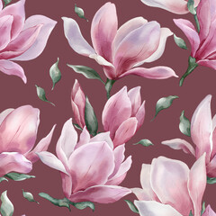 Seamless floral pattern with magnolia hand-drawn painted in a watercolor style. The seamless pattern can be used on a variety of surfaces, wallpaper, textiles or packaging.