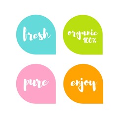 Handwritten words Fresh, Organic, Pure, Enjoy on cute pastel colors circle background.