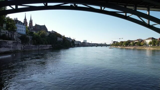 aerial footage of bridge over the river rhein in Basel Switzerland