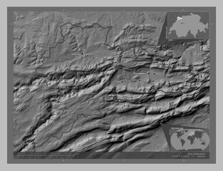 Jura, Switzerland. Grayscale. Labelled points of cities