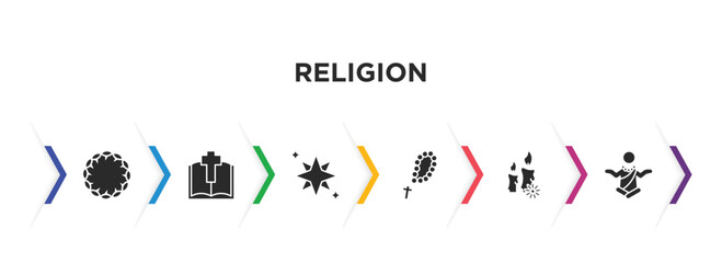 religion filled icons with infographic template. glyph icons such as crown of thorns, gospel, holy star, rosary, candles, monk vector.