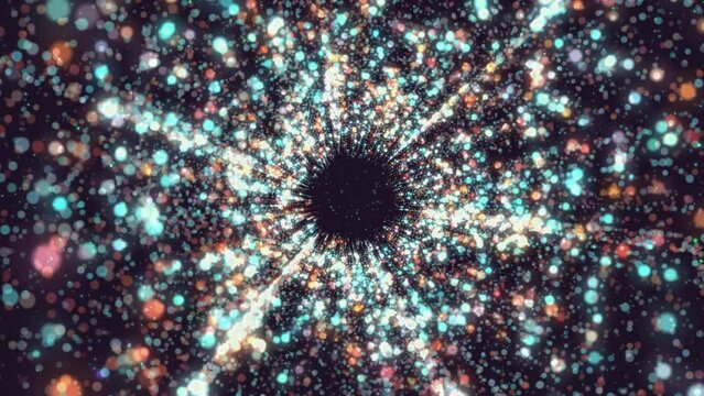 Journey through glowing galaxy. Light tube fly.