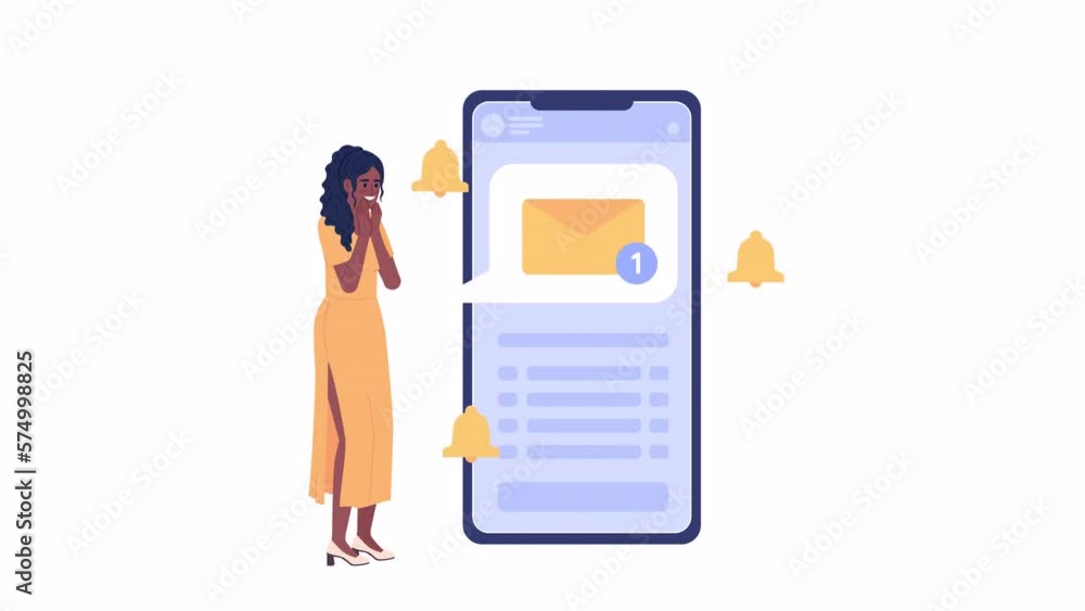 Poster animated virtual mailbox. feeling of happiness from getting new text message. 2d cartoon flat charac