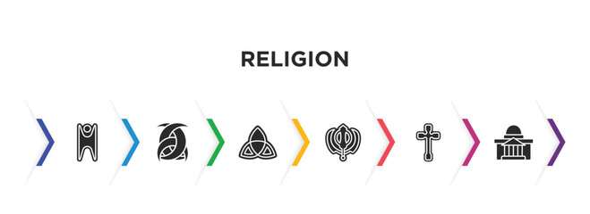 religion filled icons with infographic template. glyph icons such as humanism, odin, holy trinity, sikhism, celtic cross, vatican vector.